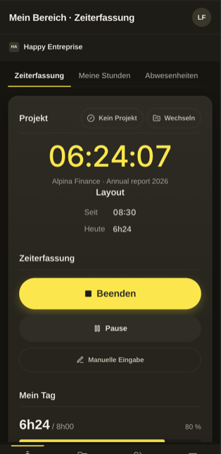 Workin auf dem Telefon: Stempelbildschirm
