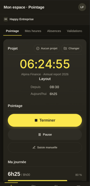 Workin sur téléphone : écran de pointage