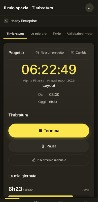 Workin sul telefono: schermata di timbratura